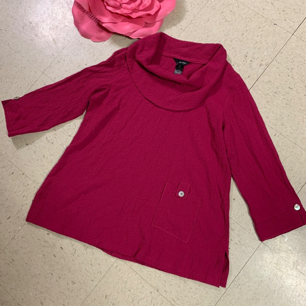 ALI MILES Sz Med Magenta 3/4 Sleeves Tunic Top Button Accent Pocket Lagenlook
